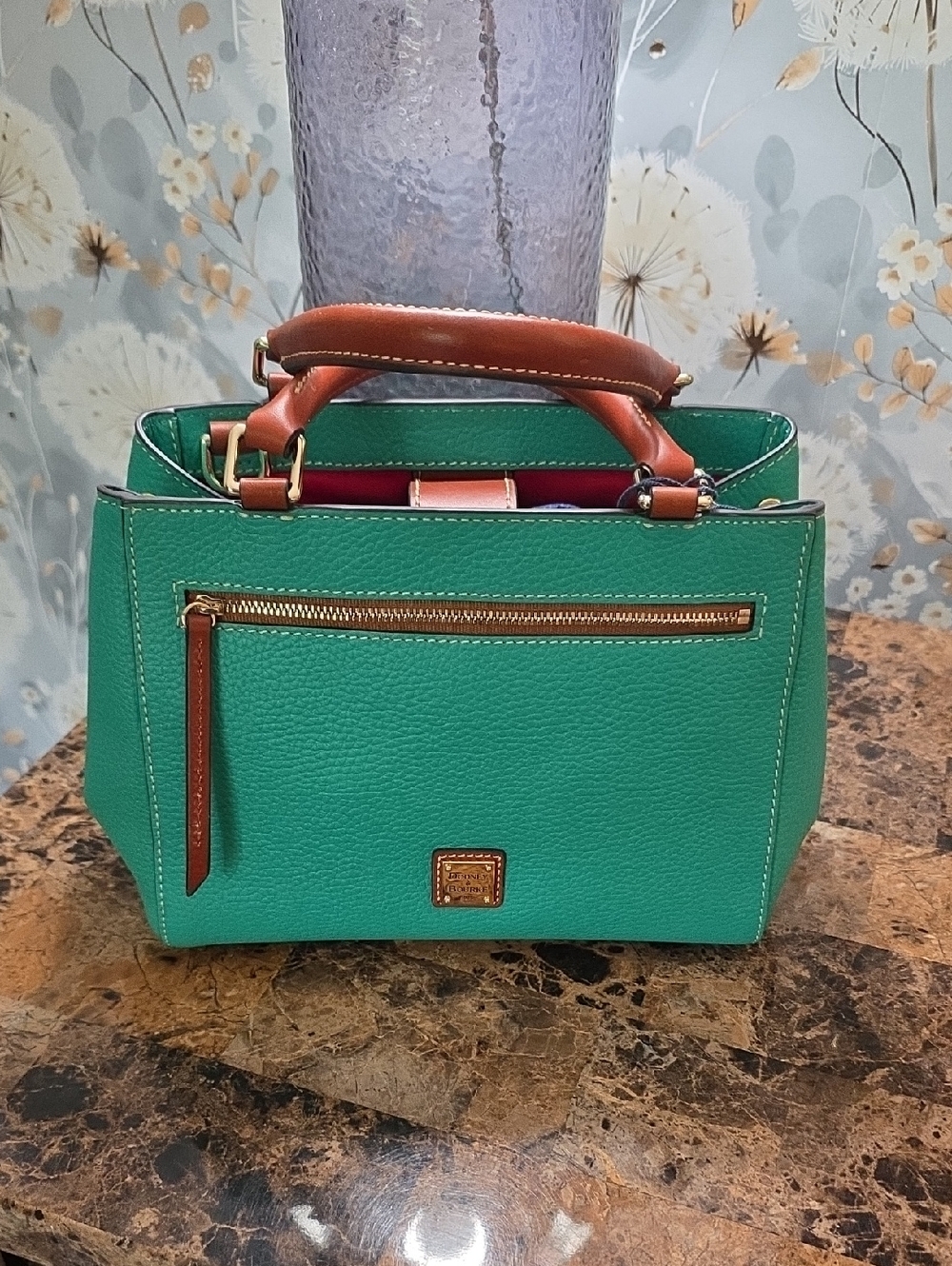 Dooney & Bourke Spearmint Blue/Green Pebble Leather Satchel with Brown Trim